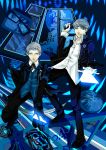  armband blue card card_with_aura glasses grey_hair gun holding holding_card male multiple_boys narukami_yuu persona persona_3 persona_4 sanada_akihiko school_uniform seta_souji short_hair smile tartarus weapon 