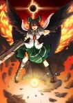  absurdres alternate_weapon arm_cannon asymmetrical_clothes asymmetrical_clothing black_hair bow cape fire glowing glowing_eyes hair_bow highres long_hair memento_vivi mismatched_footwear red_eyes reiuji_utsuho solo touhou weapon wings 