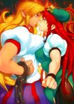  absurdres asymmetrical_docking azusa blonde_hair braid breast_press breasts cuffs eye_contact face-to-face face_to_face hat highres hong_meiling horn hoshiguma_yuugi large_breasts long_hair looking_at_another multiple_girls pantyhose pointy_ears red_eyes red_hair redhead touhou twin_braids 
