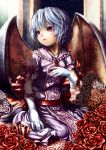  aratama bad_id bat_wings blue_hair flower gloves highres no_hat no_headwear orange_rose red_eyes red_rose remilia_scarlet rose short_hair solo touhou white_gloves white_rose wings 