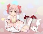  bow coop_(coupon123) dress gloves hair_bow kaname_madoka kyubey kyuubee magical_girl mahou_shoujo_madoka_magica open_mouth pink_eyes pink_hair shoes short_hair short_twintails sitting twintails 