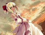 ahoge bad_id bare_shoulders blonde_hair blueman bow breasts cleavage detached_sleeves dress fate/stay_night fate/unlimited_codes fate_(series) green_eyes hair_bow ponytail saber saber_lily solo 