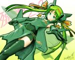  1girl airplane china female green_eyes green_hair hair_ornament hair_ribbon head_wings highres j-20 jet long_hair mecha_musume military original outstretched_arm people&#039;s_liberation_army_air_force reaching ribbon solo star twintails zephyr164 