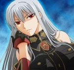  bare_shoulders breasts female gloves kenji_t1710 large_breasts lips long_hair military military_uniform red_eyes selvaria_bles senjou_no_valkyria senjou_no_valkyria_1 silver_hair solo uniform 