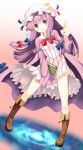  bad_id bangs bare_legs blush book boots bow capelet crescent gradient gradient_background hair_bow hat highres knee_boots komone_ushio long_hair patchouli_knowledge pointing purple_eyes purple_hair robe solo standing striped touhou vertical_stripes violet_eyes 