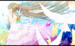  birds closed_eyes green_hair hair_flower hatsune_miku praying rain sky very_long_hair vocaloid white_dress wings 