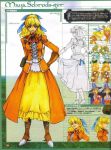  belt blonde_hair blue_eyes boots bow character_name collar cosplay dress dual_persona gloves hand_on_hip hat high_heels hips jacket long_hair maya_schrodinger official_art ooba_wakako orange_dress ponytail ribbon scan scan_artifacts shoes short_hair sketch smile solo wild_arms wild_arms_3 witch witch_hat 