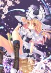  blonde_hair bloomers boots bow braid broom broom_riding brown_eyes capelet cherry_blossoms cross-laced_footwear flower frills hair_bow hand_on_hat hat kirisame_marisa lace-up_boots long_hair nail_polish single_braid solo sousouman star touhou witch witch_hat wrist_cuffs 