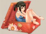  barefoot black_hair blush box brown_eyes feet girl_in_a_box in_box in_container marker_(medium) marui_hitoha marui_mitsuba mitsudomoe one-piece_swimsuit school_swimsuit short_hair side_ponytail swimsuit toe_scrunch traditional_media 