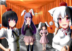  animal_ears barefoot black_hair black_legwear black_thighhighs blazer bunny_ears fushimi_inari_taisha hat highres inaba_tewi inubashiri_momiji long_hair multiple_girls necktie purple_hair red_eyes reisen_udongein_inaba shameimaru_aya short_hair silver_hair thigh-highs thighhighs tokin_hat torii touhou u.s.m.c wolf_ears 