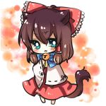  animal_ears bad_id bell bell_collar blue_eyes blush bow brown_hair cat cat_ears cat_tail chibi collar detached_sleeves dress hair_bow hair_ornament hakurei_reimu japanese_clothes kemonomimi_mode miko red_dress solo tail touhou yuya_(night_lily) 