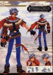  ahoge asymmetrical_clothes asymmetrical_clothing belt cartridge cloth coat from_behind frown gloves grey_eyes grey_hair highres jeans jet_enduro male official_art ooba_wakako pants scan scan_artifacts scarf shirt shoes spiked_hair spiky_hair wild_arms wild_arms_3 