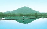  long_hair mizu_asato mountain original reflection rice_paddy scenery school_uniform sky solo tree walking water 