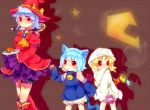  bat_wings blonde_hair bloomers blue_hair cat_ears cat_tail crescent cup fake_animal_ears flandre_scarlet halloween hat izayoi_sakuya oroshisenbei red_eyes remilia_scarlet star tail teacup touhou wings witch_hat young 