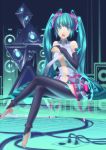  ac_(eshi) anklet aqua_eyes aqua_hair bare_shoulders barefoot bridal_gauntlets crossed_legs elbow_gloves eshi fingerless_gloves gloves hands_clasped hands_together hatsune_miku hatsune_miku_(append) highres jewelry legs long_hair long_legs miku_append navel necktie sitting solo speaker thigh-highs thighhighs thighs toeless_socks twintails vocaloid vocaloid_append 