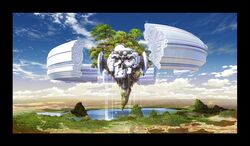  border cloud clouds floating_island flower highres horizon lake magewappa_z original scenery science_fiction sky tree water waterfall 