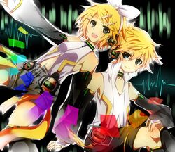  blonde_hair blue_eyes brother_and_sister detached_sleeves hair_ornament hair_ribbon hairclip headphones highres kagamine_len kagamine_len_(append) kagamine_rin kagamine_rin_(append) navel ribbon short_hair shorts siblings smile twins vocaloid vocaloid_append yuu_(ckd27) 