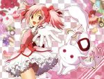  :d bad_id bow bubble_skirt checkered dessert food gloves hair_bow hair_ribbon kaname_madoka kyubey kyuubee magical_girl mahou_shoujo_madoka_magica open_mouth outstreched_hand outstretched_arm outstretched_hand panties pantyshot pastry pink_eyes pink_hair ra3 ribbon short_hair short_twintails smile twintails underwear 
