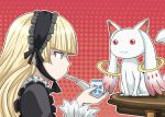  :3 annoyed banboro_(technobot) blonde_hair crossover eye_contact gosick gothic_lolita green_eyes hairband kyubey kyuubee lolita_fashion long_hair looking_at_another mahou_shoujo_madoka_magica pipe profile red_eyes seiyuu_connection victorica_de_blois victorique_de_broix yuuki_aoi 