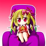  alternate_hairstyle blonde_hair blush bow chair chibi cosplay flandre_scarlet hair_bow hair_ornament ichimi midriff no_hat no_headwear red_eyes ribbon sitting solo touhou twintails wavy_mouth 
