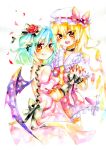  bat_wings blonde_hair blue_eyes blue_hair fang flandre_scarlet flower hat multiple_girls oroshisenbei red_eyes red_rose remilia_scarlet ribbon rose siblings sisters touhou traditional_media watercolor_(medium) wings 