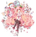  1girl birdcage boots bow cage cherry detached_sleeves food fruit hatsune_miku heart long_hair musical_note necktie pink_hair rainbow sakura_miku skirt smile solo thigh-highs twintails very_long_hair vocaloid white_background window yellow_eyes 