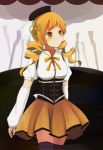  bad_id blonde_hair blush coop_(coupon123) detached_sleeves dress drill_hair hat magical_girl mahou_shoujo_madoka_magica ribbon solo thigh-highs thighhighs tomoe_mami twin_drills twintails yellow_eyes 