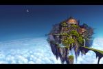  castle cloud clouds copyright_request crescent_moon dome fantasy floating_island horizon letterboxed moon no_humans scenery sky star_(sky) starry_sky tanuki_koubou tree water waterfall 