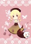  blonde_hair blush charlotte_(madoka_magica) chibi dress drill_hair grab grabbing hat kurohigeo magical_girl mahou_shoujo_madoka_magica monster tomoe_mami twin_drills twintails 