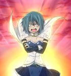  blue_eyes blue_hair breasts cape cleavage cloud crossed_arms elbow_gloves gloves gunbuster_pose highres magical_girl mahou_shoujo_madoka_magica miki_sayaka open_mouth parody samuraichamp short_hair simon skirt sky tengen_toppa_gurren-lagann tengen_toppa_gurren_lagann top_wo_nerae! 