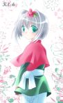  character_name flower green_eyes hair_flower hair_intakes hair_ornament hairpin kaze-hime long_sleeves looking_back original pants shawl short_hair smile solo white_hair 