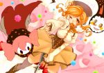  beret blonde_hair boots charlotte_(madoka_magica) detached_sleeves drill_hair fingerless_gloves food fruit gloves gun hair_ornament hairpin hat kumatani magical_girl magical_musket mahou_shoujo_madoka_magica musket open_mouth pleated_skirt pointing puffy_sleeves ribbon rifle skirt strawberry thigh-highs thighhighs tomoe_mami twin_drills vertical-striped_legwear vertical_stripes weapon wink yellow_eyes zettai_ryouiki 