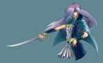  androgynous blue_eyes cape faris_scherwiz final_fantasy final_fantasy_v glorel hair_over_one_eye hand_on_hip hands headband hips long_hair outstretched_arm purple_hair reverse_trap simple_background sleeveless smile solo sword tomboy weapon 