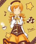  blonde_hair blush closed_eyes drill_hair eyes_closed hat long_hair lowres magical_girl mahou_shoujo_madoka_magica musical_note oso setsuna_(pixiv59815) smile solo standing star tea thigh-highs thighhighs tomoe_mami twin_drills twintails 