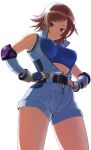 breasts brown_eyes brown_hair center_opening elbow_gloves elbow_pads from_below gloves hands_on_hips hensou highres kazama_asuka large_breasts namco open_clothes short_hair simple_background smile solo sports_bra tekken tekken_5_(dark_resurrection) thighs unzipped zipper 