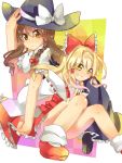  blonde_hair brown_eyes brown_hair cosplay costume_switch hakurei_reimu hakurei_reimu_(cosplay) kirisame_marisa kirisame_marisa_(cosplay) multiple_girls oroshisenbei touhou yellow_eyes yuri 