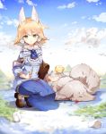  animal_ears anmi bag bird blonde_hair blue_eyes bunny bunny_ears bunny_tail earrings green_eyes jewelry nature original rabbit short_hair sky solo squatting syringe tail wolf 