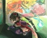  1girl armor black_hair brown_eyes conjaku flower hair_flower hair_ornament looking_at_viewer momohime momohime_(muramasa) oboro_muramasa outstretched_leg sandals solo squatting sword thigh-highs thighhighs weapon 