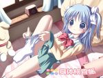  bed bedroom blue_eyes blue_hair blush dressing loli on_back seifuku solo white_panties 