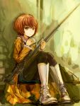  1girl anti-materiel_rifle boots braid conjaku darker_than_black green_eyes gun pantyhose ptrd-41 red_hair rifle single_braid sitting skirt sniper_rifle suou_pavlichenko weapon yellow_eyes 