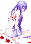  1girl barefoot dress feet flower long_hair patchouli_knowledge petals profile purple_hair red_rose rose rose_petals simple_background sitting sketch solo tears tima touhou violet_eyes wariza white_background 