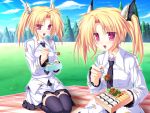  blonde_hair blush eating feeding food game_cg hair_ornament happy highres magus_tale multiple_girls nina_geminis obentou outdoors picnic pink_eyes pov pov_feeding red_eyes rena_geminis seiza siblings sisters sitting tenmaso thighhighs twins twintails zettai_ryouiki 
