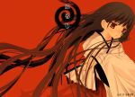  1girl black_hair copyright_request fan folding_fan fururi highres hinayuki_usa japanese_clothes long_hair miko red_background red_eyes simple_background solo 