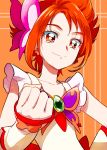  1girl cure_rouge detached_sleeves eyelashes hair_ornament happy kurochiroko looking_at_viewer magical_girl natsuki_rin precure red red_background red_eyes redhead shirt short_hair sketch smile solo spiky_hair standing wrist_cuffs yes!_precure_5 