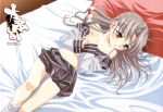  artist_request bed blush daiakuji flat_chest grey_hair highres logo long_hair lying midriff navel no_bra off_shoulder on_back orange_eyes panties pantyshot pantyshot_(lying) pillow scan school_uniform seifuku serafuku skirt skirt_lift socks solo takega_satsu underwear white_panties yellow_eyes 