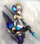  1girl armor armored_dress bare_shoulders blue_eyes boots conjaku crown elbow_gloves gloves grey_background gwendolyn highres light_smile odin_sphere polearm spear thigh-highs thigh_boots thighhighs weapon white_hair wings zettai_ryouiki 