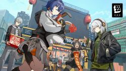  2boys 4girls anby_demara animal_ears arm_up bangboo_(zenless_zone_zero) belle_(zenless_zone_zero) billy_kid black_hair black_shorts blue_hair breasts brother_and_sister building cable cable_tail cat_ears cat_girl cat_tail chinese_new_year city clouds commentary copyright_logo crossed_bangs dark-skinned_female dark_skin day english_commentary eous_(zenless_zone_zero) fang green_sweater grey_hair hair_between_eyes headphones highres holding hood hood_down jacket lantern leg_up logo long_hair long_sleeves looking_at_viewer mask mechanical_tail multiple_boys multiple_girls multiple_tails nekomiya_mana nicole_demara official_art open_mouth outdoors pants pink_hair ribbed_sweater shop short_hair shorts siblings skirt sky sweater tail thigh_strap turtleneck turtleneck_sweater w wise_(zenless_zone_zero) zenless_zone_zero 