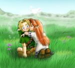  blush field flower kiss link long_hair malon navi orange_hair skirt the_legend_of_zelda tunic young 
