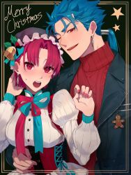  1boy 1girl bazett_fraga_mcremitz blue_hair blush commentary_request cu_chulainn_(fate) earrings fate/stay_night fate_(series) formal_clothes highres jacket jewelry leather leather_jacket merry_christmas ponytail spiky_hair sweater teba-age 