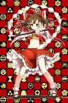  &gt;:) ascot bobby_socks bow breasts brown_eyes brown_hair crest detached_sleeves foreshortening gohei hair_bow hakurei_reimu hands highres mahan mary_janes midriff miko navel no_bra shoes short_hair smile socks solo standing touhou under_boob underboob wind 
